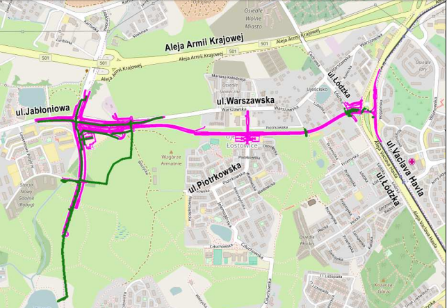 Położenie planowanej inwestycji na tle mapy Gdańska (schemat). Kolor fioletowy - projektowany układ drogowo-torowy, kolor zielony - projektowana kanalizacja deszczowa 
