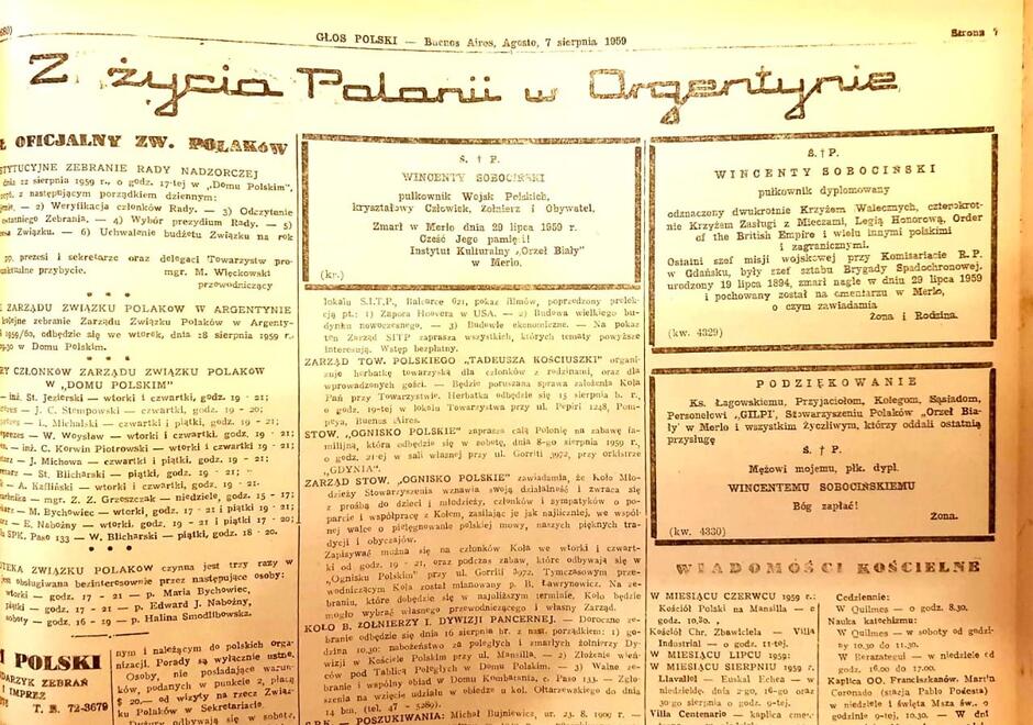 Wycinek Głos Polskiego  gazety polonijnej w Argentynie z 1959 r. 