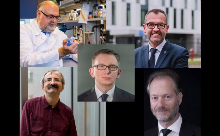 Zbitka pięciu zdjęć, na których są twarze lub sylwetki pięciu mężczyzn 