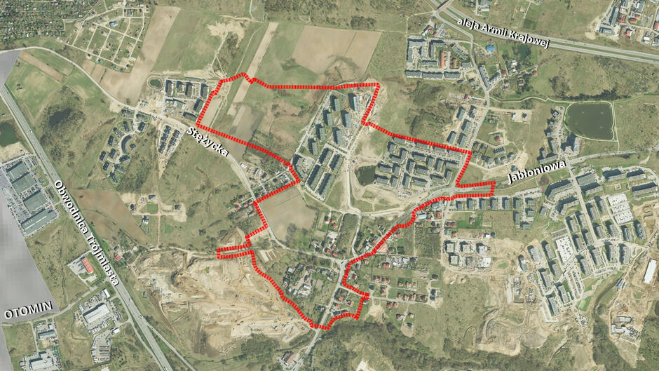 Mapa Gdańska z zaznaczonymi granicami projektu planu zagospodarowania przestrzennego