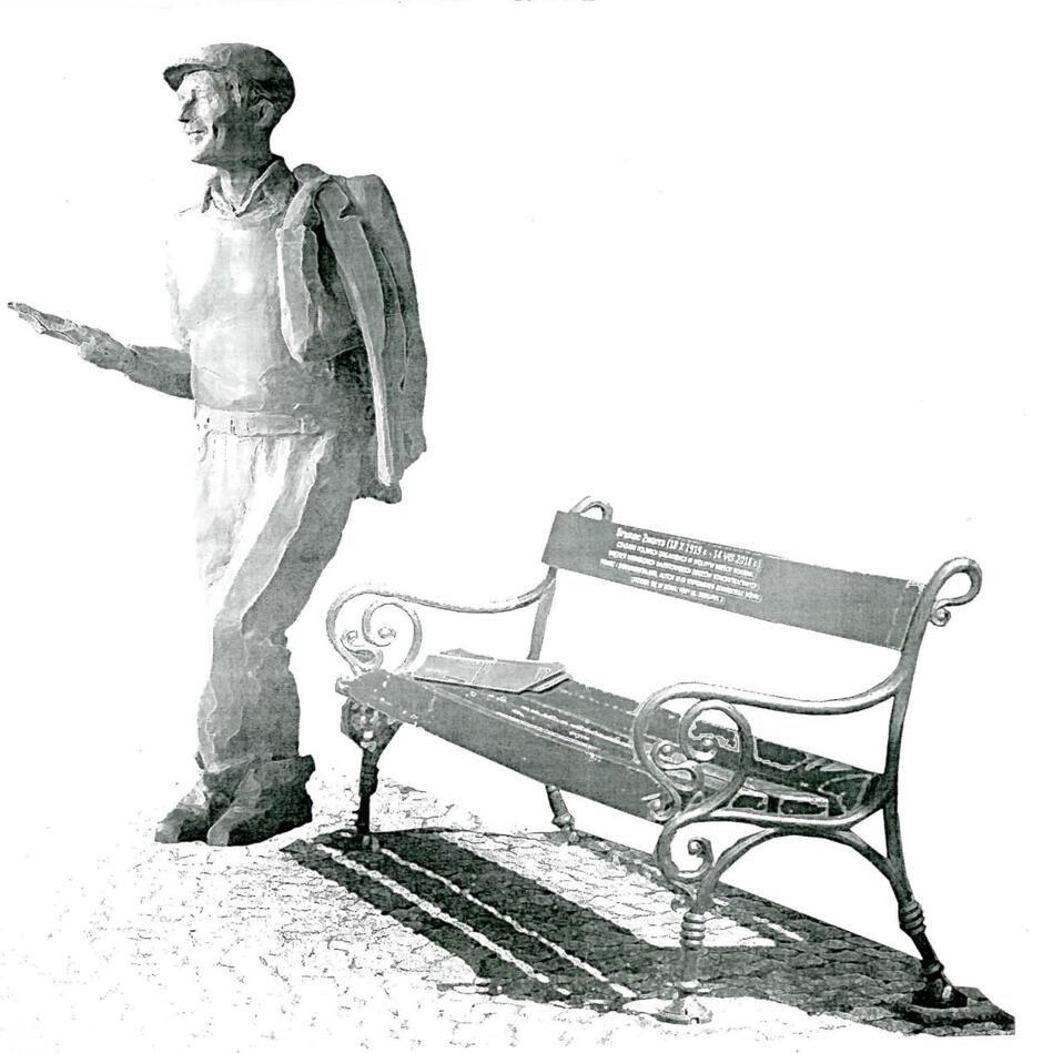 czarno szkic na białym tle mężczyzny stojącego obok ławki