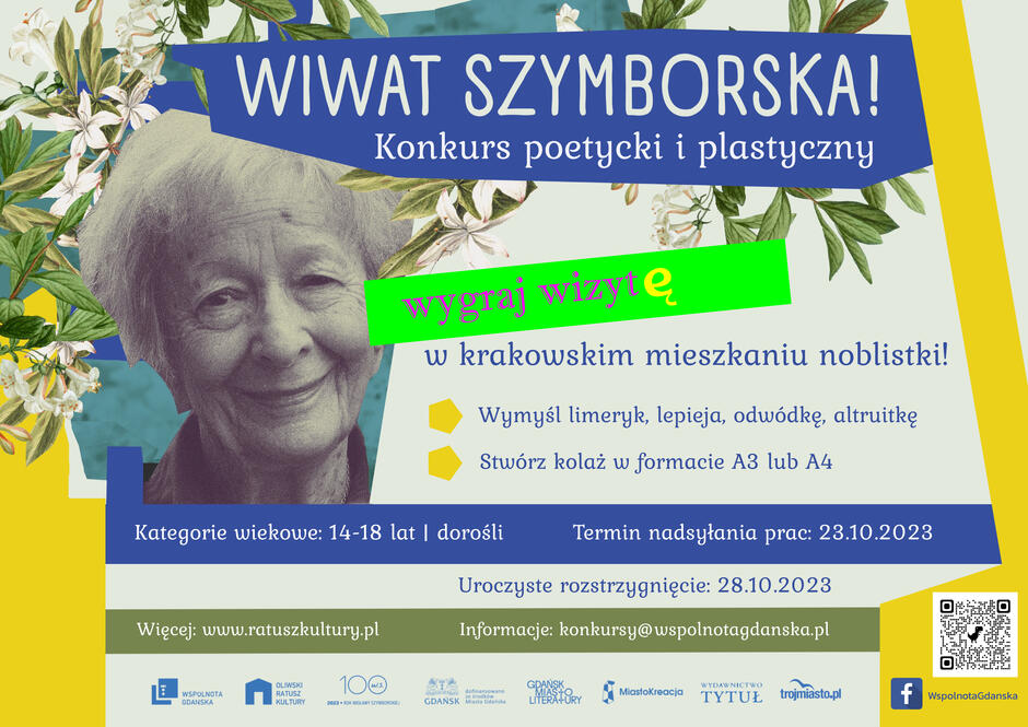 Plakat promujący opisany konkurs z wizerunkiem Wisławy Szymborskiej