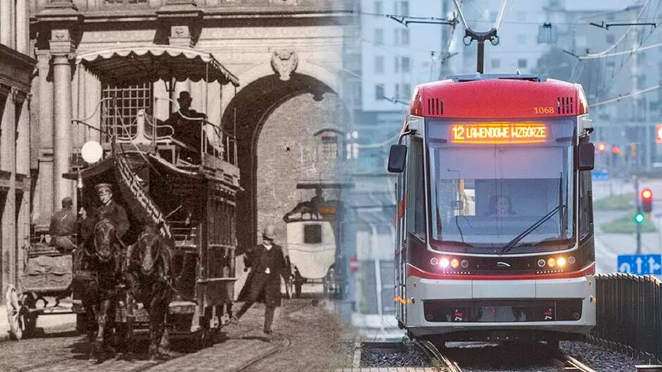 Zdjęcie podzielone jest na pół - po lewej widać mężczyznę w cylindrze i surducie, który wyskakuje z tramwaju ciągnionego przez dwa konie. Po prawej stronie nowoczesny tramwaj jedzie po torach, widać motorniczego za kierownicą