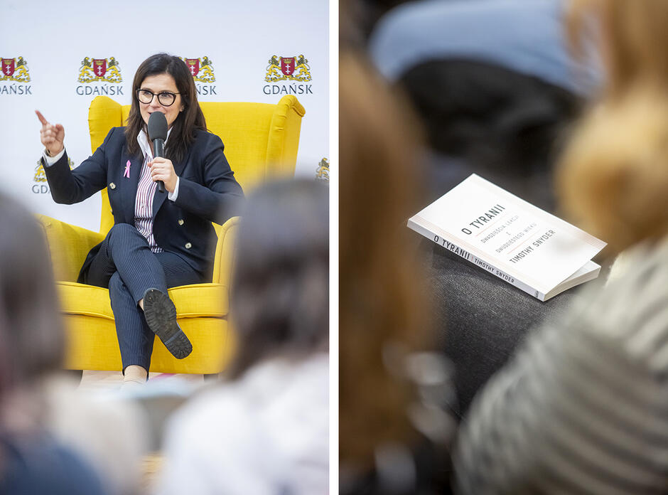 zestawienie dwóch zdjęć, po lewej elegancko ubrana kobieta przemawia przez mikrofon siedząc na żółtym fotelu, po prawej książka trzymana na kolanach
