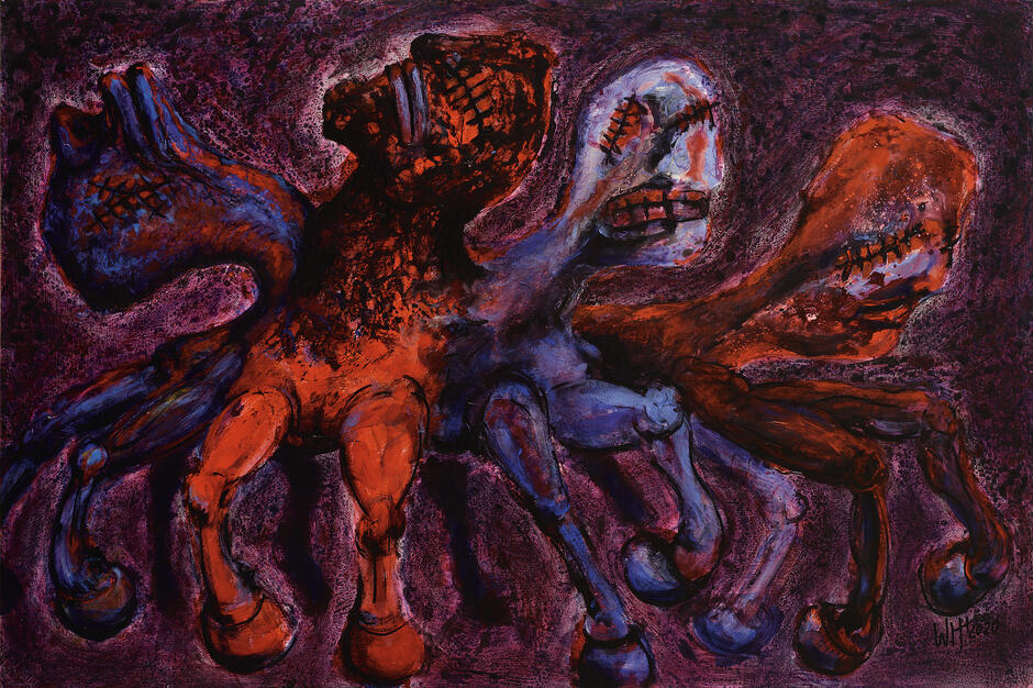 Dzieło artysty pt. Czterej jeźdźcy apokalipsy - ciemny, dużo czerwieni i czerni