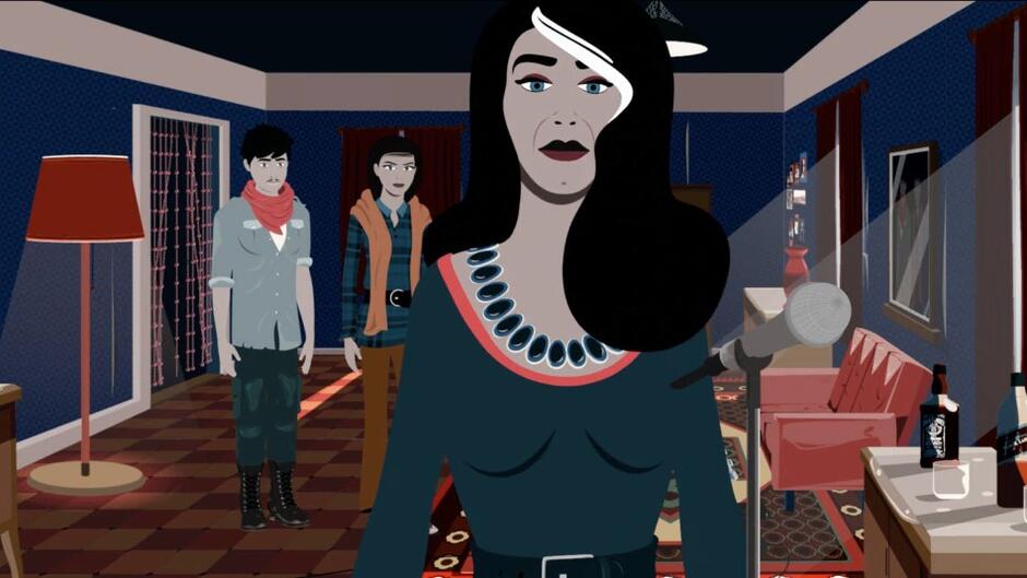 Kadr z filmu animowanego - dziewczyna z długimi ciemnymi włosami ubrana jest w dopasowaną sukienkę. Stoi na wprost, w pokoju są też dwie inne postacie, widać też lampę stojącą