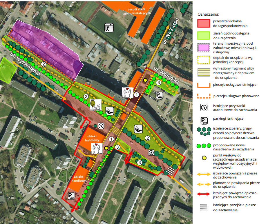 O hartă cu etichete colorate pentru clădiri, zone verzi și străzi