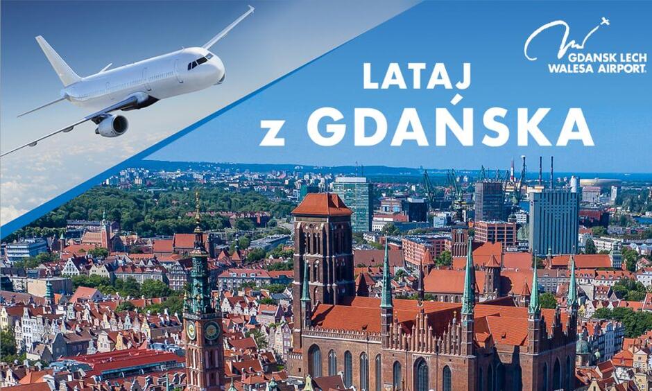 fotomontaż reklamowy z jednej strony samolot w locie z drugie widziany z góry Gdańsk