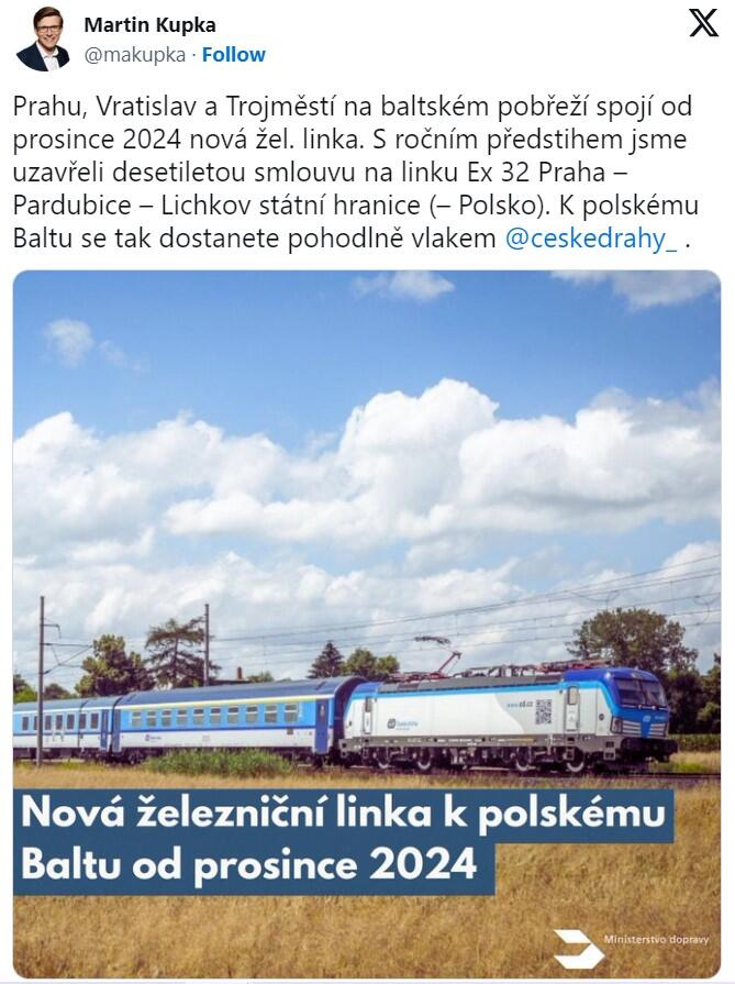 Zdjęcie pociągu i czeskie napisy, których treść zawarliśmy w artykule po polsku