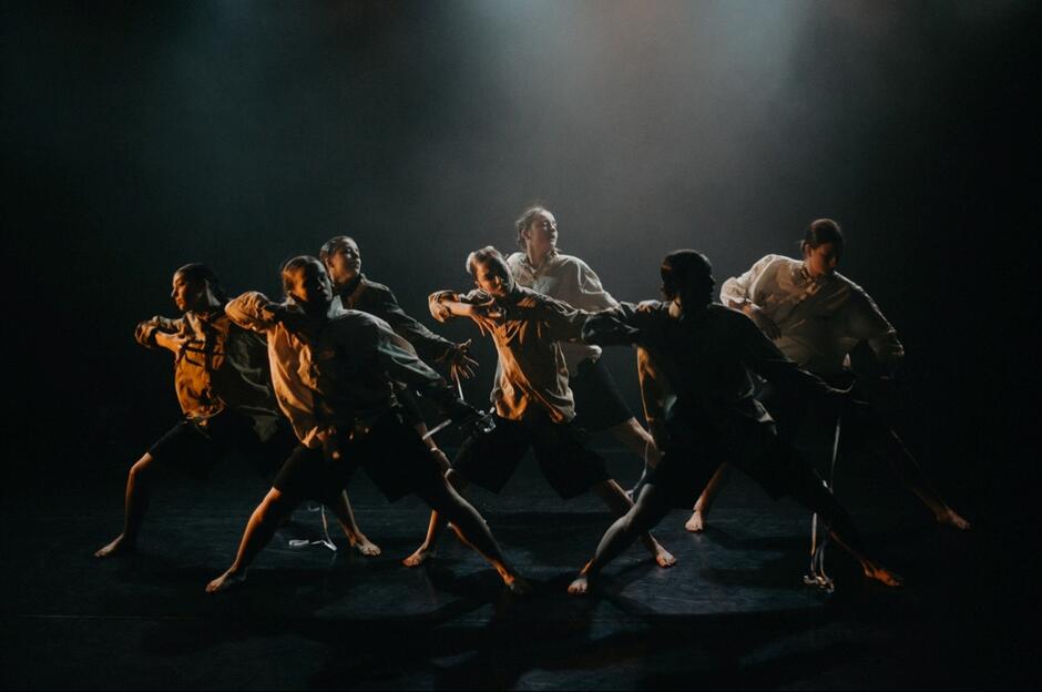 zdjęcie przedstawia 7 tancerek w koszulach i krótkich spodniach sugestywnie wykonujących gesty wyciągniętymi rękami