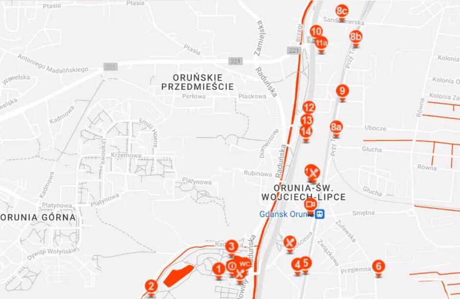 Mapa Oruni z zaznaczonymi żółtymi kropkami instalacjami. Takich kropek jest kilkanaście