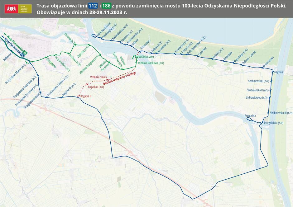 mapa z zaznaczonymi trasami autobusów