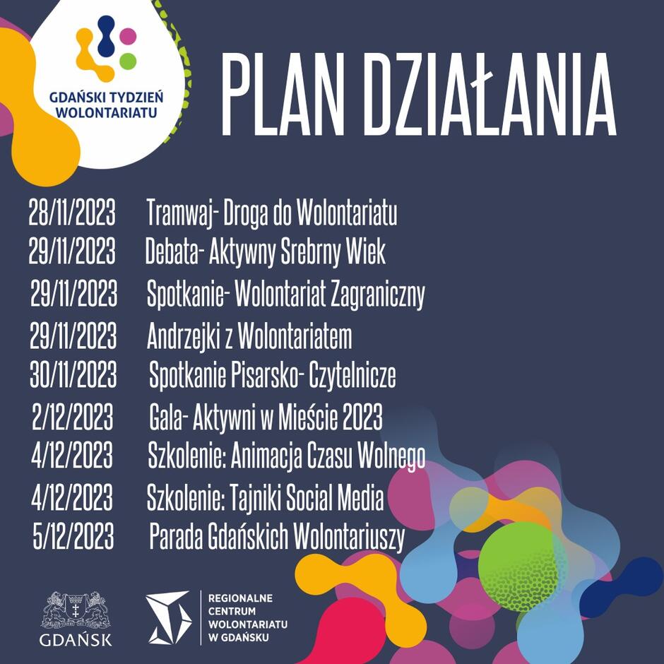 Plansza informacyjnan z programem Gdańskiego Tygodnia Wolontariatu