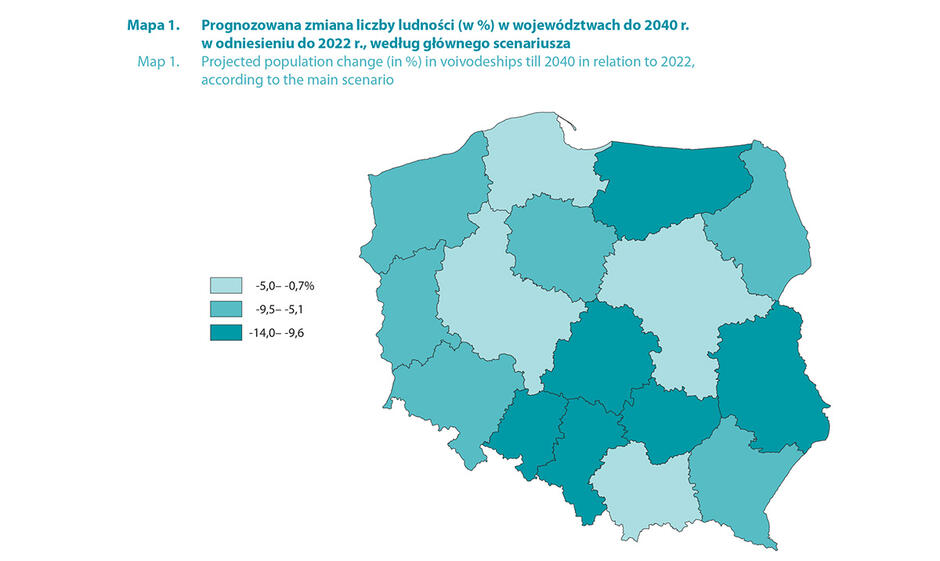 Zdjęcie przedstawia mapę Polski z podziałem na województwa. Na mapie zaznaczono prognozowaną zmianę liczby ludności w poszczególnych województwach do 2040 roku