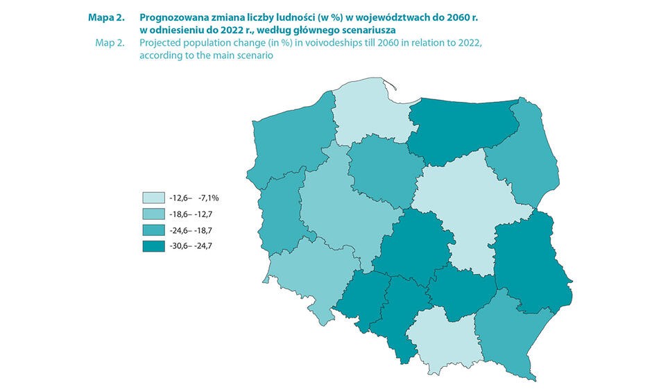 Na zdjęciu znajduje się mapa Polski podzielona na województwa. Każde województwo jest oznaczone innym kolorem. Na mapie znajduje się również tekst w języku polskim, który mówi o prognozowanej zmiana liczby ludności w procentach w województwach do 2060 r. w odniesieniu do 2022 r.