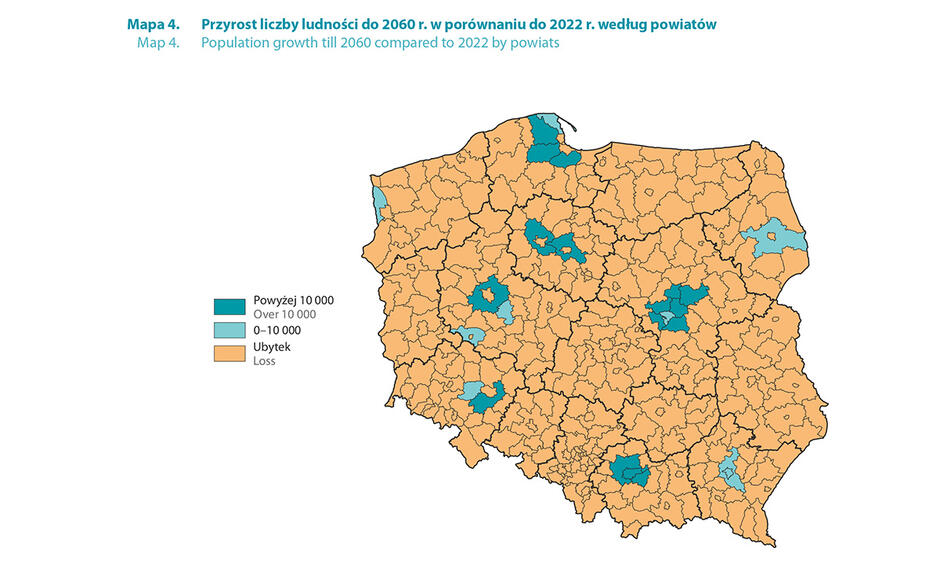 Na zdjęciu przedstawiona jest mapa Polski z podziałem na powiaty. Na mapie zaznaczono prognozowany przyrost liczby ludności w poszczególnych powiatach do 2060 roku. Mapa podzielona jest na 380 powiatów. Każdy powiat oznaczony jest innym kolorem. 