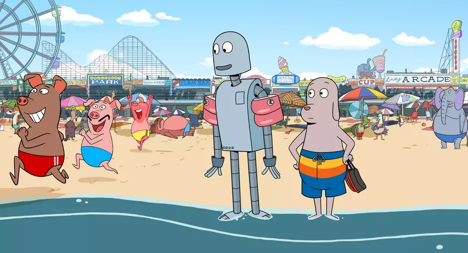 kadr z filmu animowanego, pies i robot na plaży