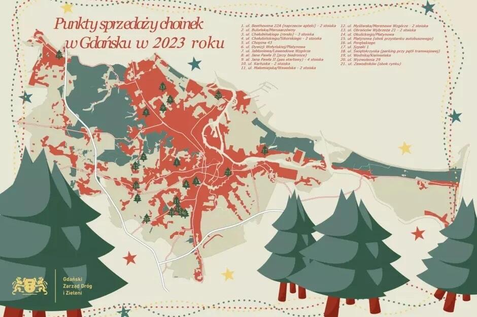 opisane punkty sprzedaży choinek naniesione na mapę Gdańska 