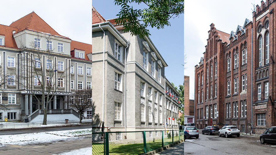 Na zdjęciu widoczne są trzy różne budynki, które wydają się mieć charakter edukacyjny lub instytucjonalny. Wszystkie trzy mają wielokondygnacyjne fasady i są wykonane z solidnych materiałów.