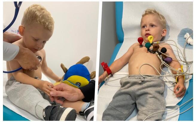 Dwa zdjęcia obok siebie, przedstawiające małego blond chłopca w trakcie badań lekarskich