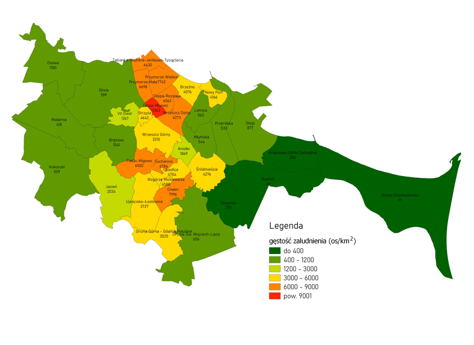 Gęstość zaludnienia Gdańska według dzielnic stan na 31.12.2021