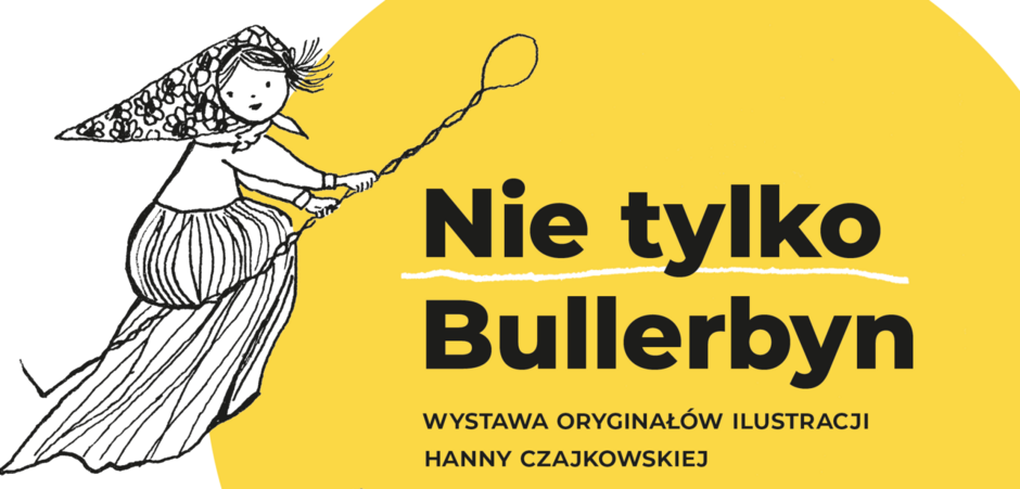 Plakat wydarzenia, ilustracja Hanny Czajkowskiej z książki Dzieci z Bullerbyn  - dziewczynka w chustce na głowie leci na miotle