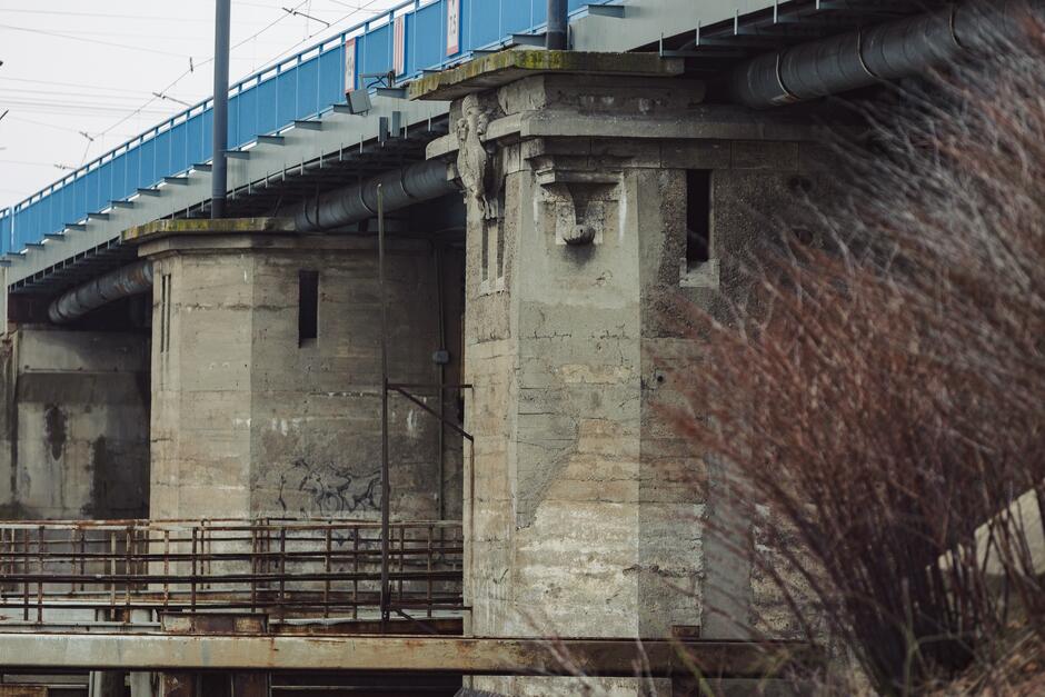 Zdjęcie stojących w wodzie podpór mostu, zrobione z nabrzeża rzeki