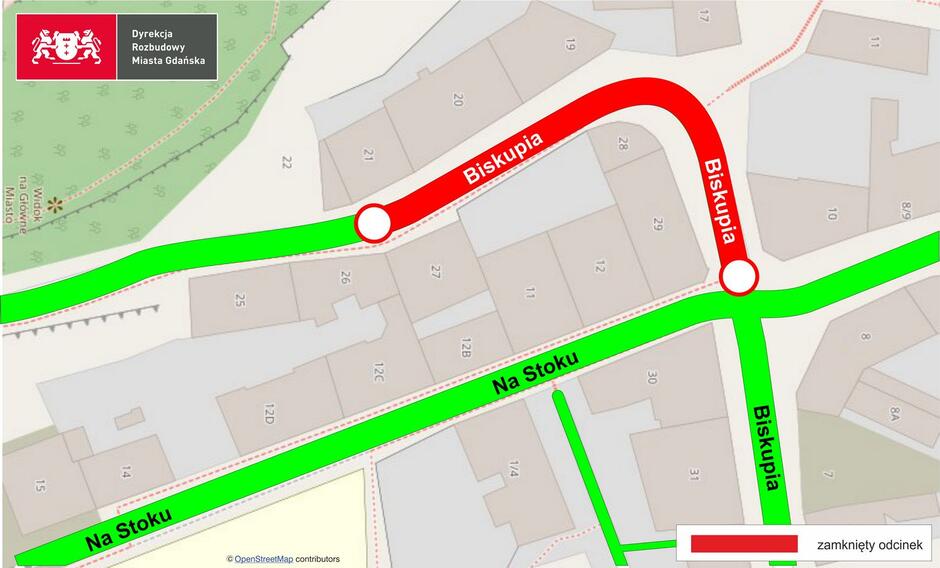 Mapka z zaznaczonym na czerwono fragmentem ulicy Biskupiej
