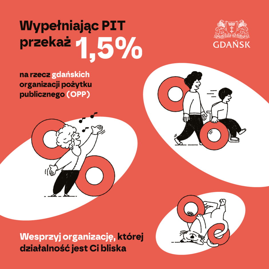 Plakat promocyjny na łososiowym tle. W prawym górnym rogu logotyp Miasta Gdańska. Napisy: wypełniając pit przekaż 1,5% na rzecz gdańskich organizacji pożytku publicznego (OPP), wybierz organizację, której działalność jest Ci bliska szczegóły gdansk.pl. Na plakacie znajdują się 3 grafiki: śpiewającej osoby, 2 spacerujących osób, z który jedna porusza się na wózku inwalidzkim oraz bawiącego się kota. We wszystkie grafiki wpisane zostały symbole procenta. 