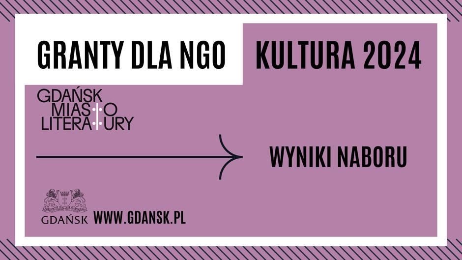 banner w kolorze fioletowym z czarnymi literami informujący o tym, że przyznano granty na działania w ramach programu Gdańsk Miasto Literatury