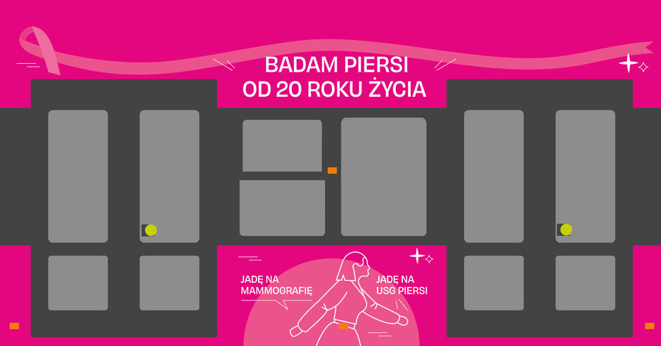Grafika utrzymana w kolorach czarno-różowych, rysunek tramwaju i tekst zachęcający do udziału w akcji.