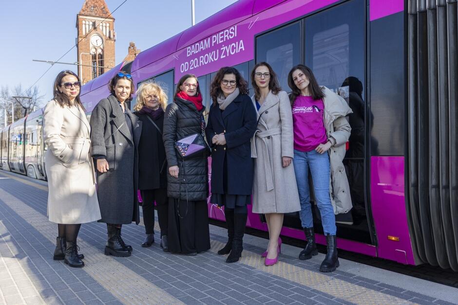7 kobiet pozuje do zdjęcia na tle tramwaju