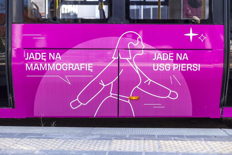 zbliżenie na tramwaj, na nim grafika kobiety i napis jadę na mammografię, jadę na usg piersi