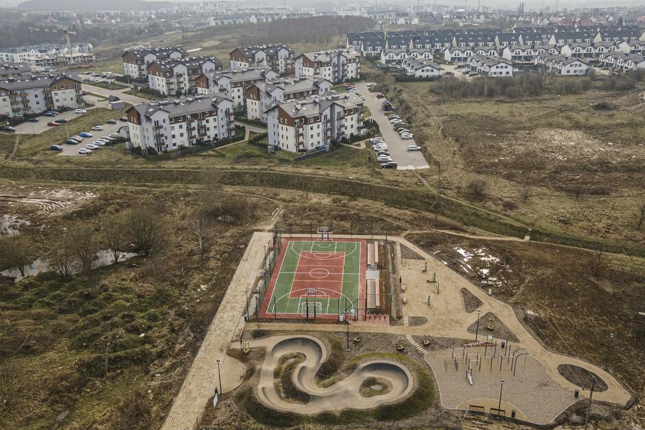 zdjęcie z drona, widać boisko do gry, tor do jazdy wyczynowej na rowerze, a w tle osiedla domów wielorodzinnych