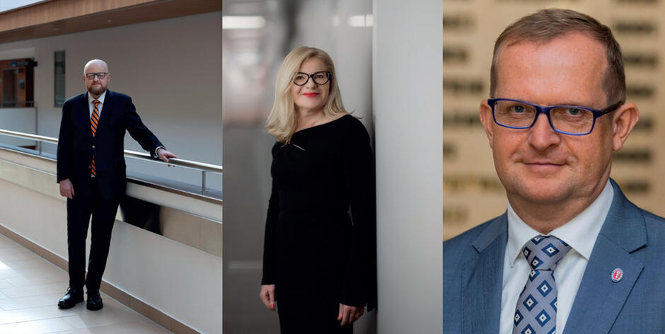 Zdjęcia trzech osób: pierwszy z lewej stoi mężczyzna w garniturze w okularach, kobieta z długimi włosami w eleganckiej sukience w okularach, na trzecim ostatnim zdjęciu twarz mężczyzny w średnim wieku w okularach