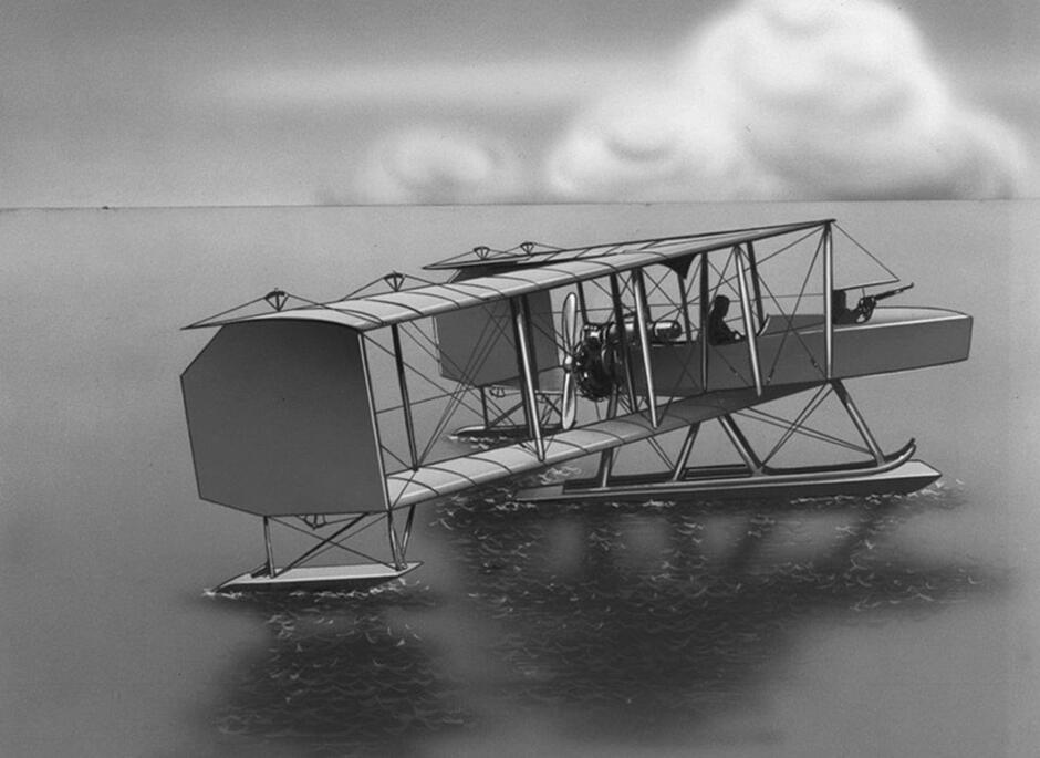Czarno-biała rycina przedstawiająca wodnosamolot na wodzie ze śmigłem i miejscem dla pilota i strzelca (czarne sylwetki)