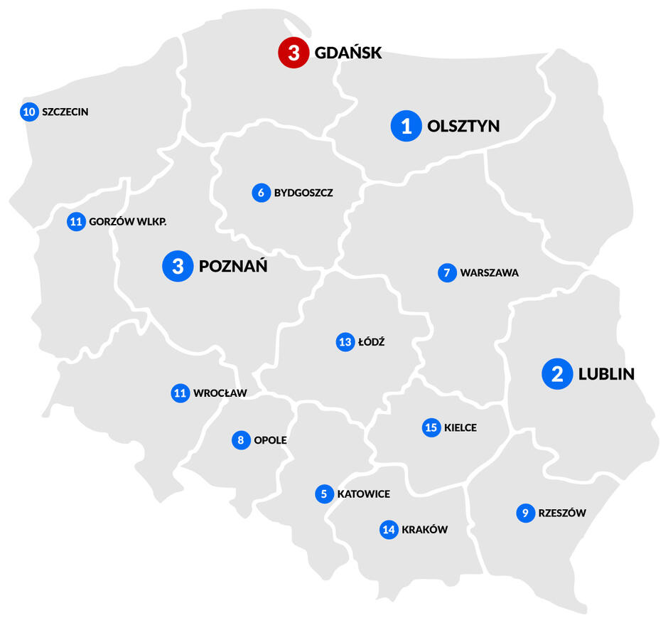 mapa polski z zaznaczonymi największymi miastami