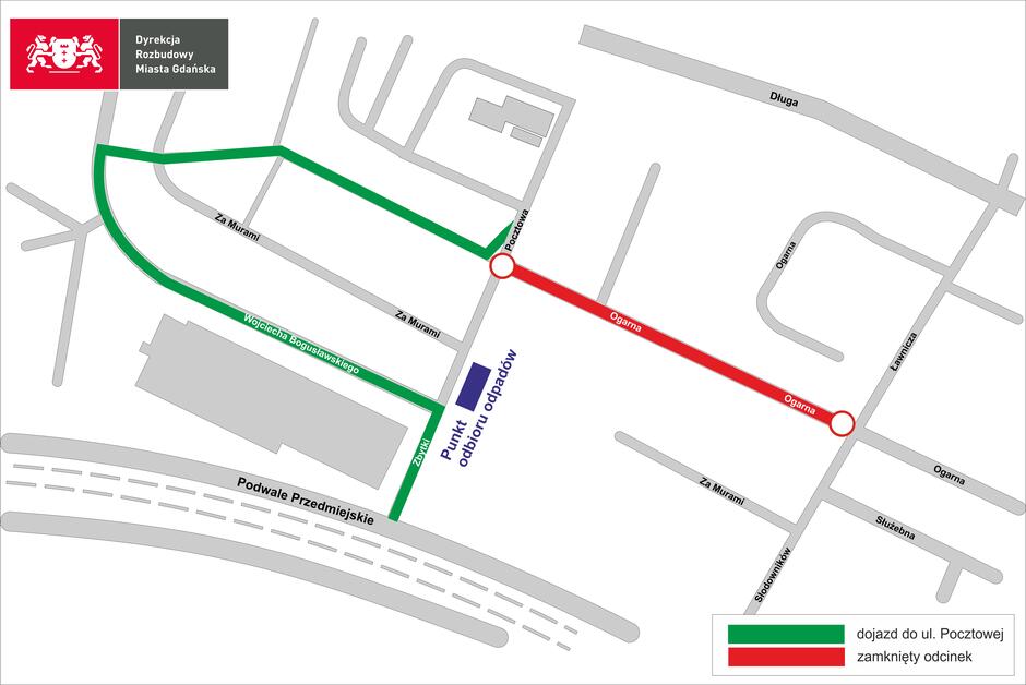 mapa z zaznaczonym na czerwono zamkniętym odcinkiem i zaznaczonym na zielono objazdem