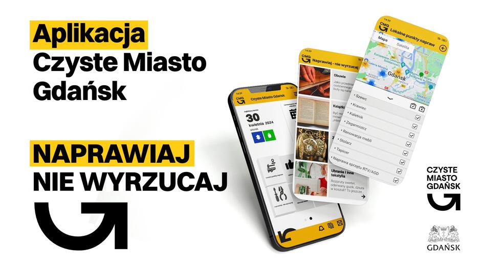 Plansza informacyjna z napisem: aplikacja Czyste Miasto Gdańsk