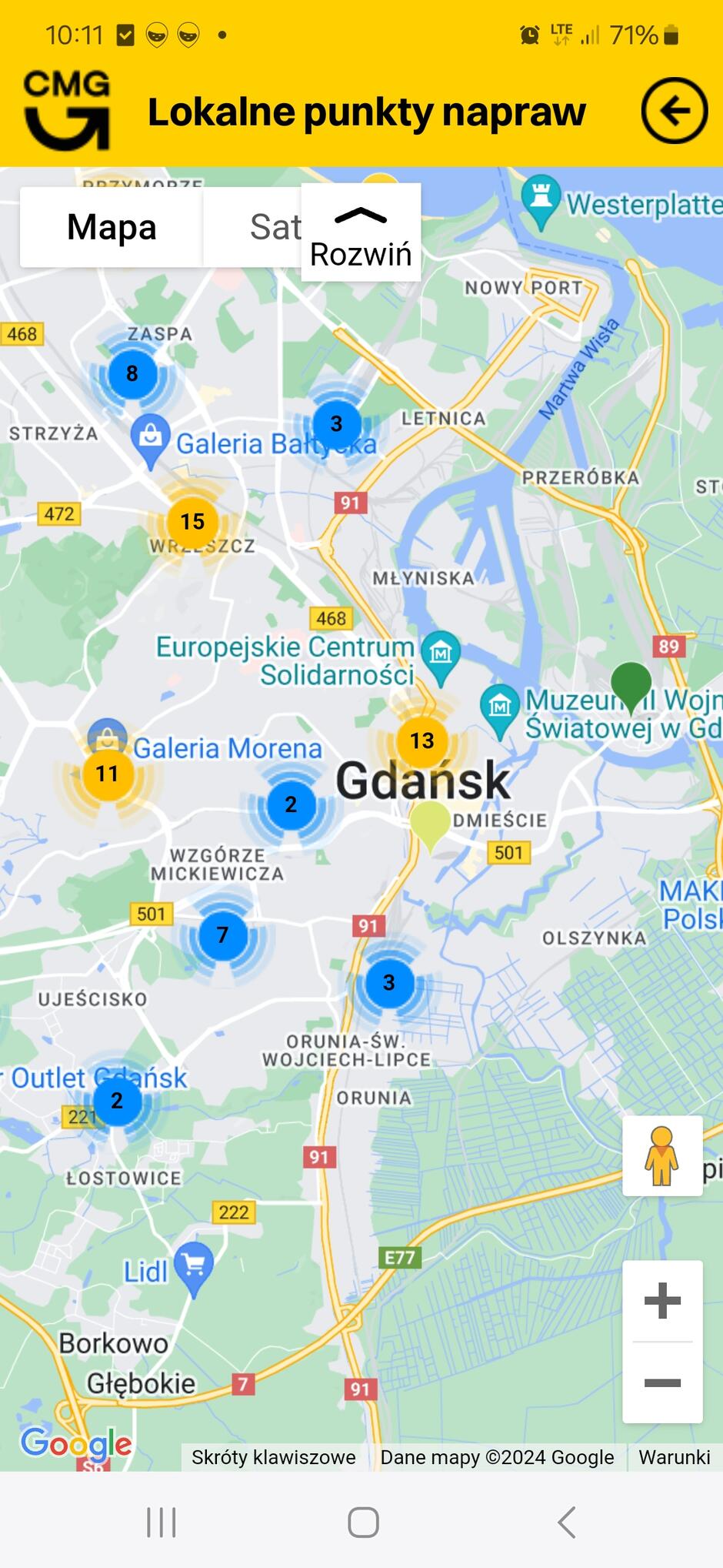 zrzut ekranu telefonu komórkowego z mapą miasta