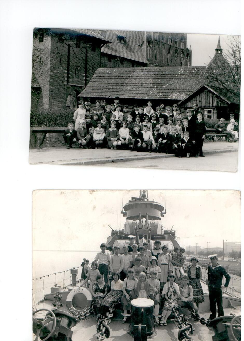 Dwa czarno-białe zdjęcia przedstawiające grupę dzieci na wycieczce szkolnej