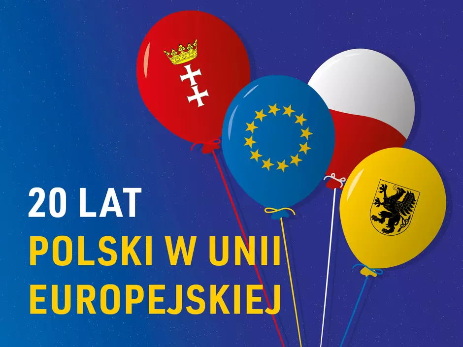 Plakat przedstawia grafikę z czterema balonami na granatowym tle z delikatnymi białymi kropkami, które mogą przypominać gwiazdy na niebie. Balony mają różne kolory i symbole: jeden jest czerwony z białym godłem Polski – orłem w koronie, drugi jest niebieski z symbolami złotych gwiazd Unii Europejskiej, trzeci ma barwy polskiej flagi – biały i czerwony, a czwarty jest żółty z czarnym godłem, które może być herbem jakiegoś polskiego miasta lub regionu. Na plakacie znajduje się również tekst: 20 LAT POLSKI W UNII EUROPEJSKIEJ, co wskazuje, że jest to materiał celebrujący 20-lecie przynależności Polski do Unii Europejskiej. 