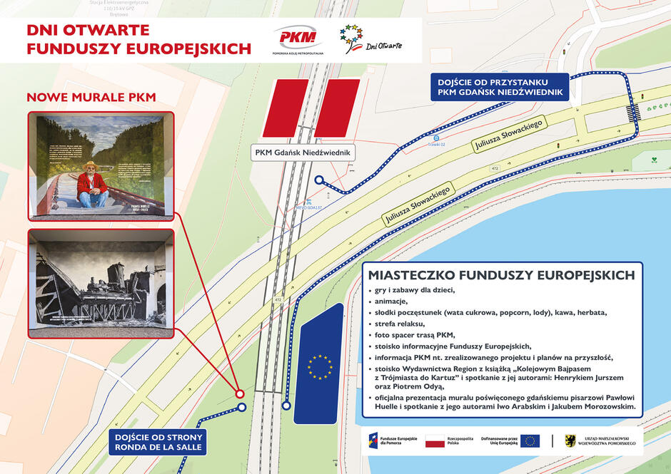 Grafika przedstawiając plan fragmentu miasta, w którym będzie się odbywać Piknik Europejski. Na grafice widać wizerunki dwóch murali, które zostaną zaprezentowane oraz w ramce wypisane atrakcje czekające na uczestników.