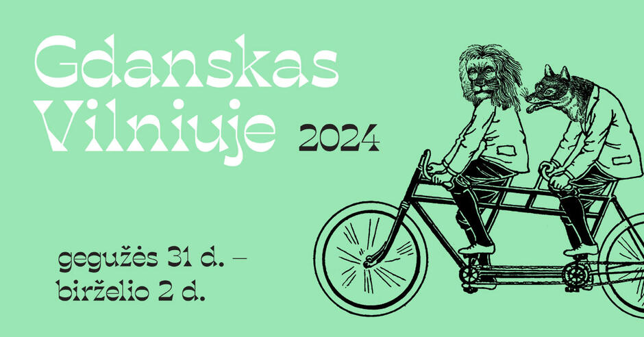 Zielony plakat: po prawej napisy po litewsku, po prawej narysowany rower tandem, na którym siedzą lew i lis w marynarkach