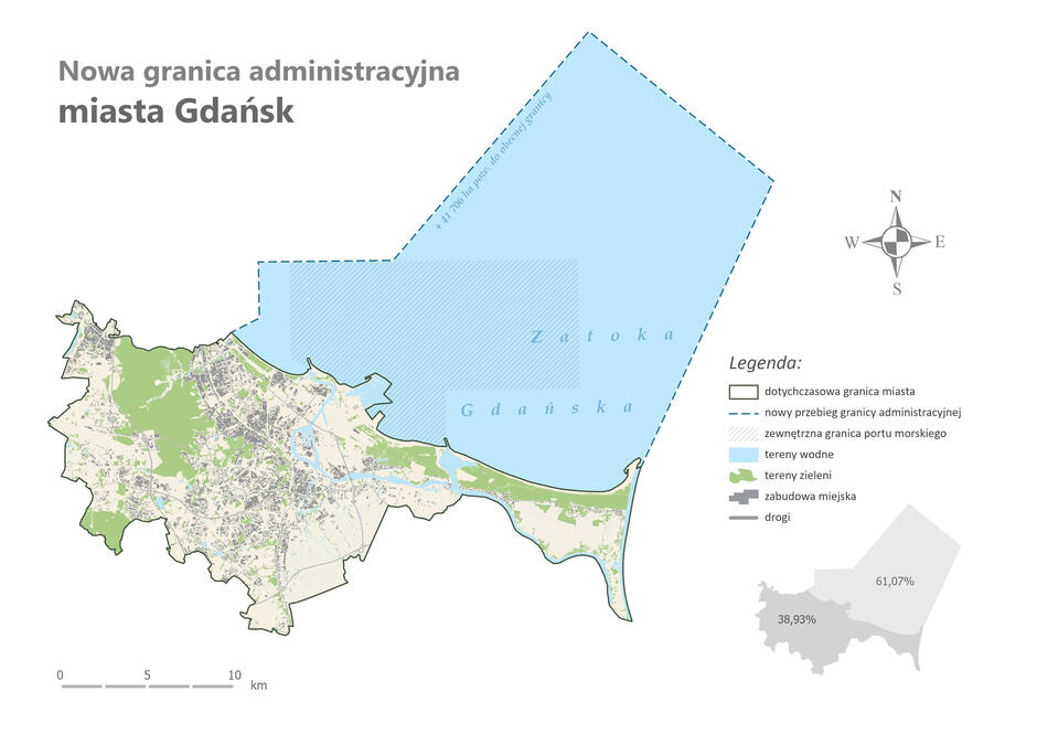 Mapa prezentuje miasto Gdańsk z nową granicą administracyjną miasta Gdańsk powiększoną o granice morskie (+41 706 ha pow. do obecnej granicy, co stanowi 61,07% nowej powierzchni).