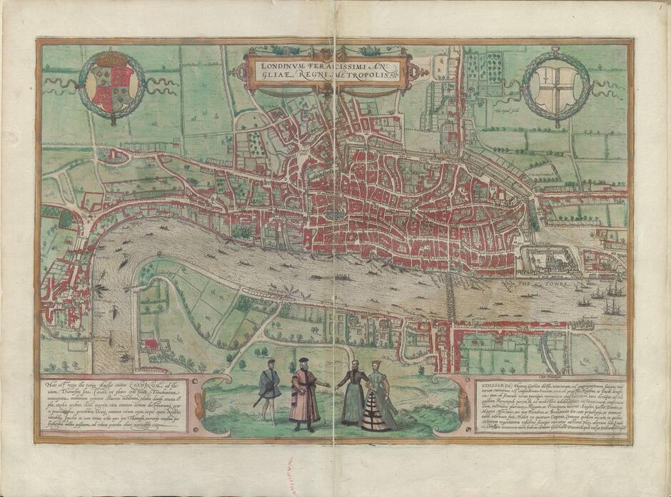 Na zdjęciu widnieje zabytkowa mapa Londynu z 1612 roku, autorstwa Georga Brauna i Hansa Hogenberga, pochodząca z dzieła Civitates Orbis Terrarum . Mapa szczegółowo przedstawia układ miasta wzdłuż Tamizy, z licznymi budynkami, ulicami i terenami zielonymi, a w dolnej części znajdują się ilustracje postaci w strojach z epoki