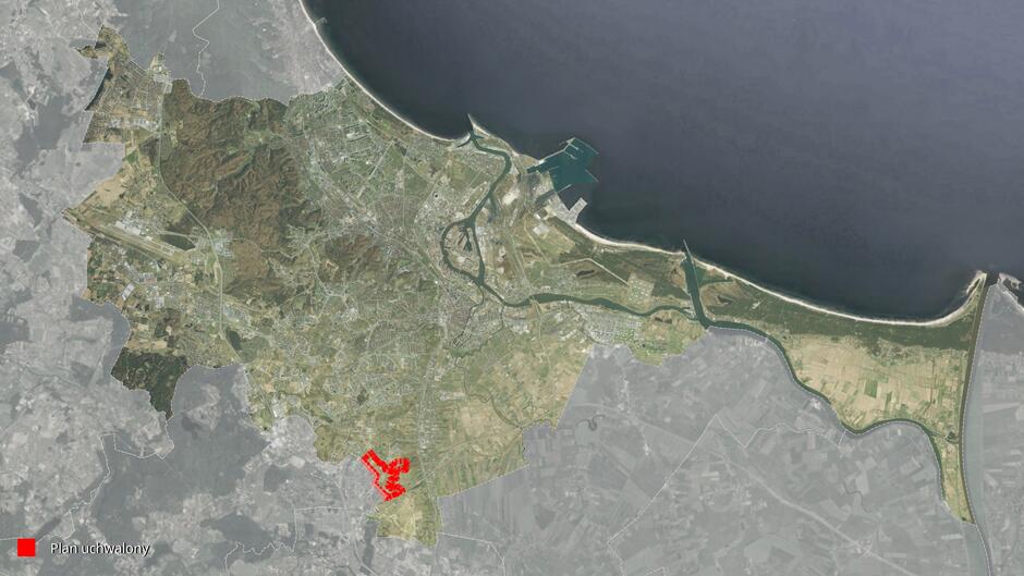 Mapa miasta z zaznaczoną na czerwono granicą objętego nowym planem zagospodarowania terenu