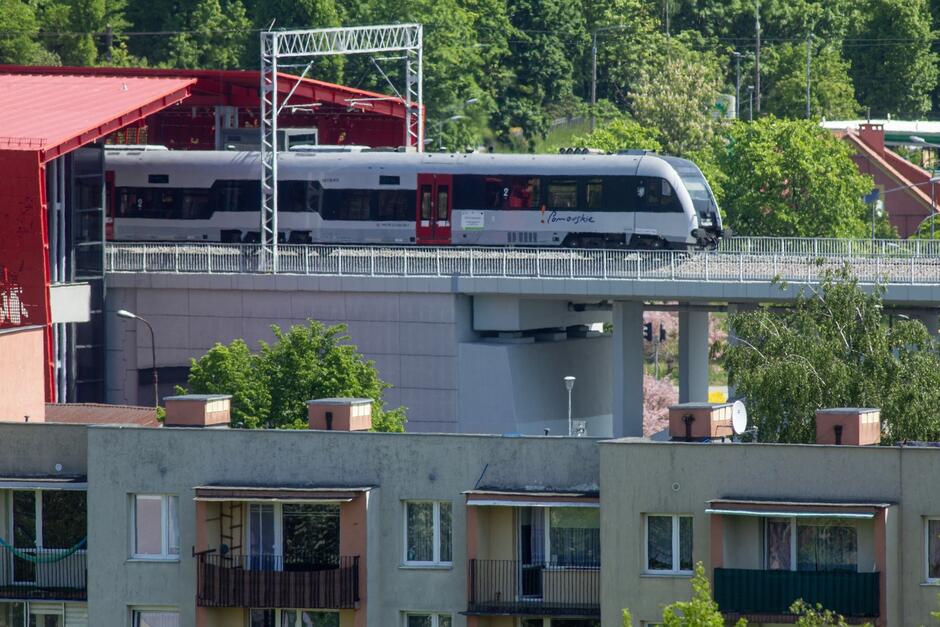 na zdjęciu szary pociąg porusza się po torach, wyjeżdża z peronu który ma czerwony dach, pociąg jest wysoko, pod nim widać fragmenty bloków mieszkalnych