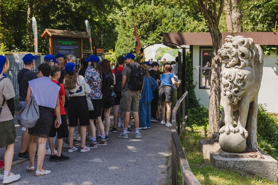 Na zdjęciu widać grupę dzieci i młodzieży, w większości noszących niebieskie czapki, stojących w kolejce przed wejściem do budynku, prawdopodobnie w zoo. Po prawej stronie znajduje się kamienna rzeźba lwa stojącego na kuli, a w tle widać zielone drzewa i krzewy.
