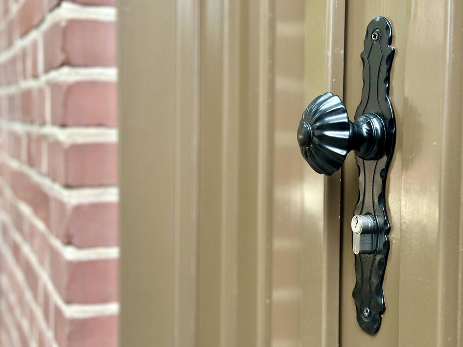 na zdjęciu stylizowana klamka i fragment oliwkowych drzwi, klamka jest czarna ze zdobieniem